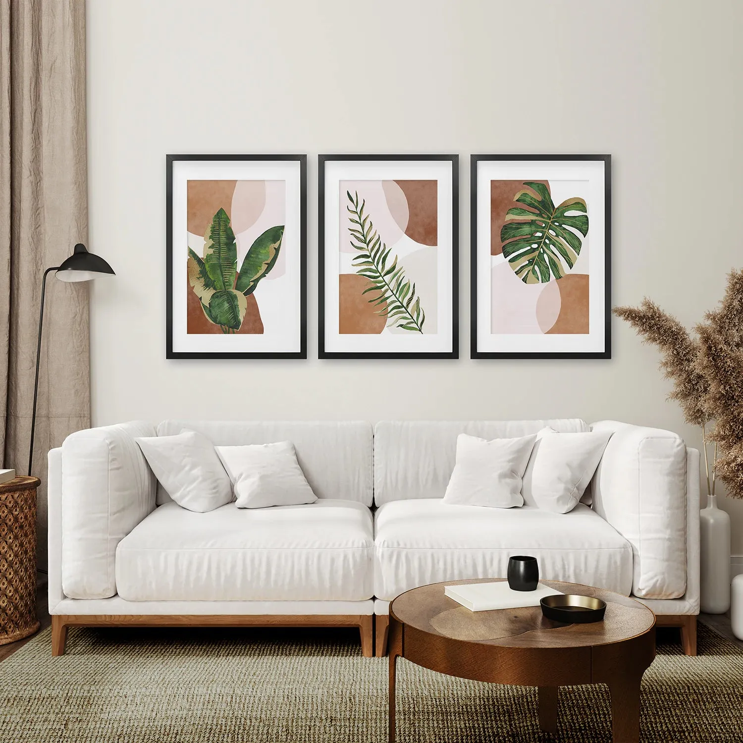 3 Piece Terracotta Boho Wall Art. Green Tropical Leaves