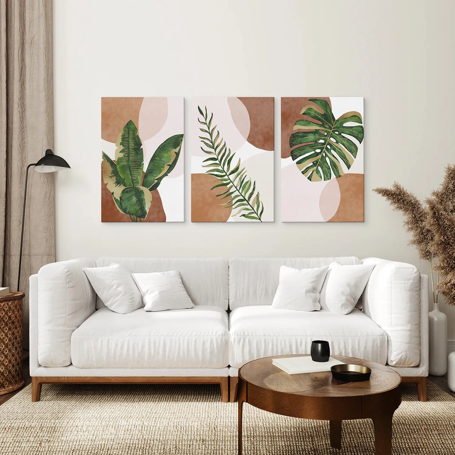 3 Piece Terracotta Boho Wall Art. Green Tropical Leaves