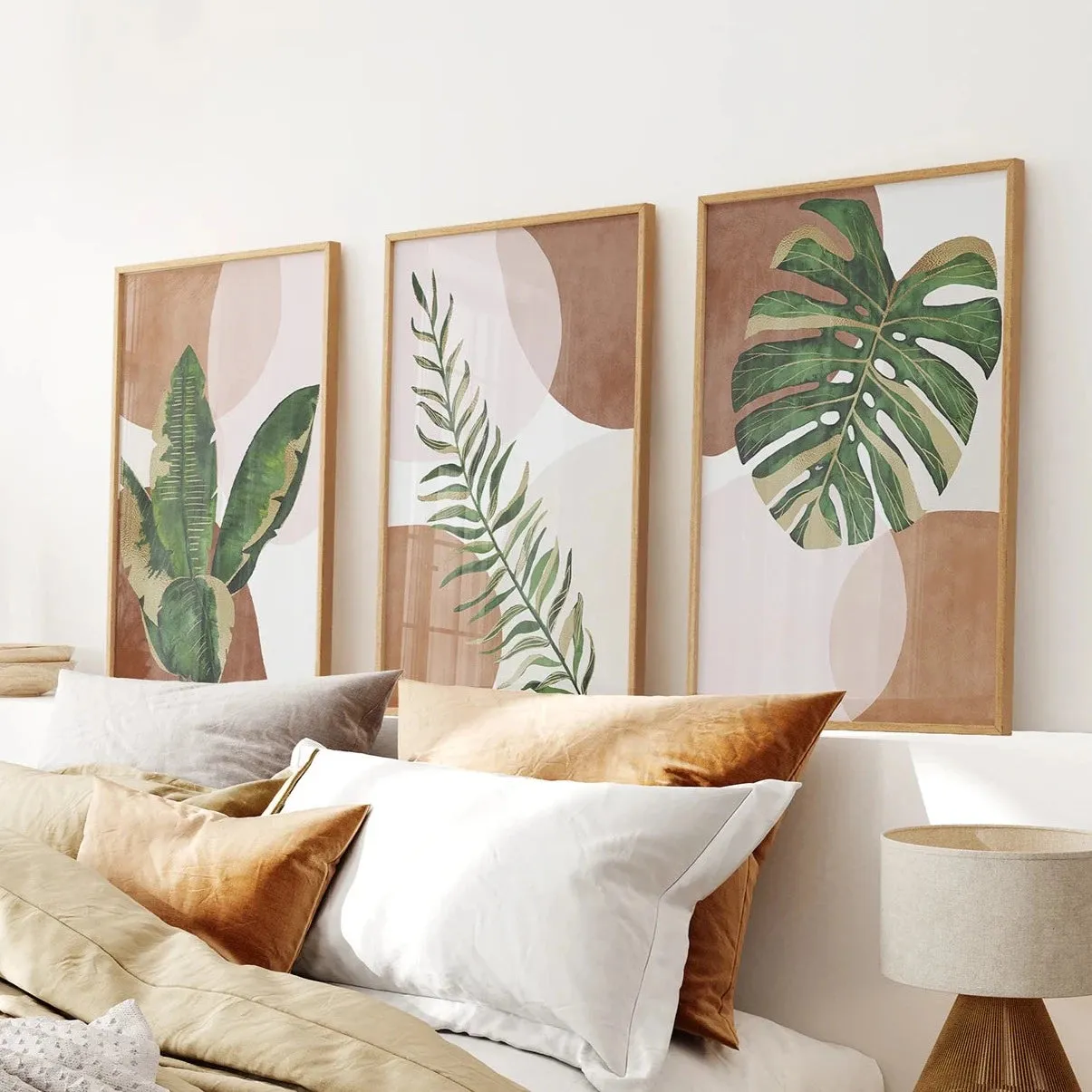 3 Piece Terracotta Boho Wall Art. Green Tropical Leaves