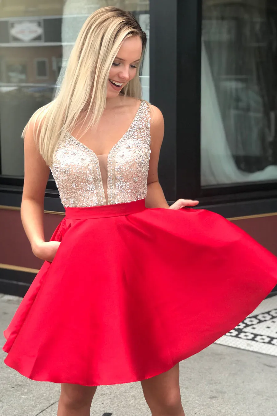 A-Line Red Short Prom Dress With Pockets, Beading Dresses For Graduation Party OM342