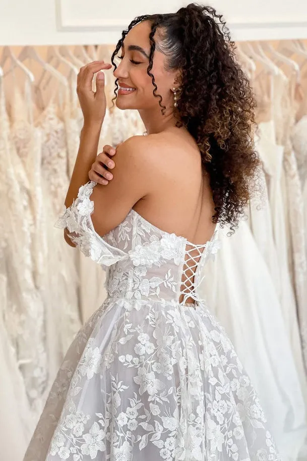 A Line Sweetheart Off the Shoulder Lace Wedding Dresses N090