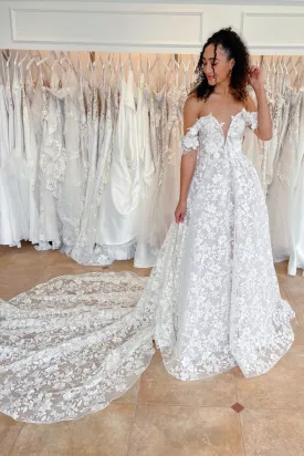 A Line Sweetheart Off the Shoulder Lace Wedding Dresses N090