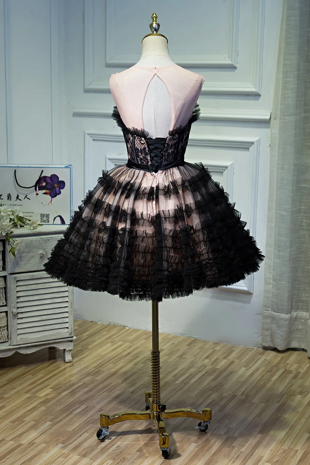 Black Tulle Sweetheart Flower Straps Sleeveless Short Mini Homecoming Dresses