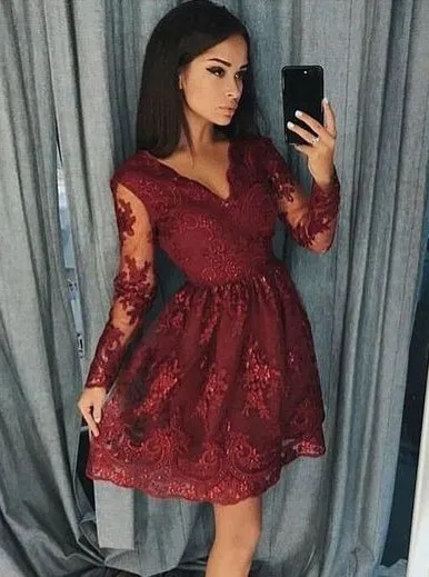 Burgundy Homecoming Dresses Long Sleeve Lace Short Prom Dress OM514