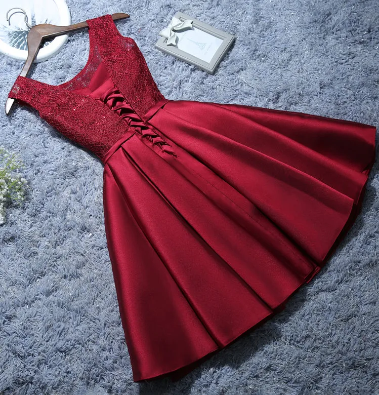 Burgundy Short Evening Dress Satin Lace A-line Short Homecoming Dress OM542