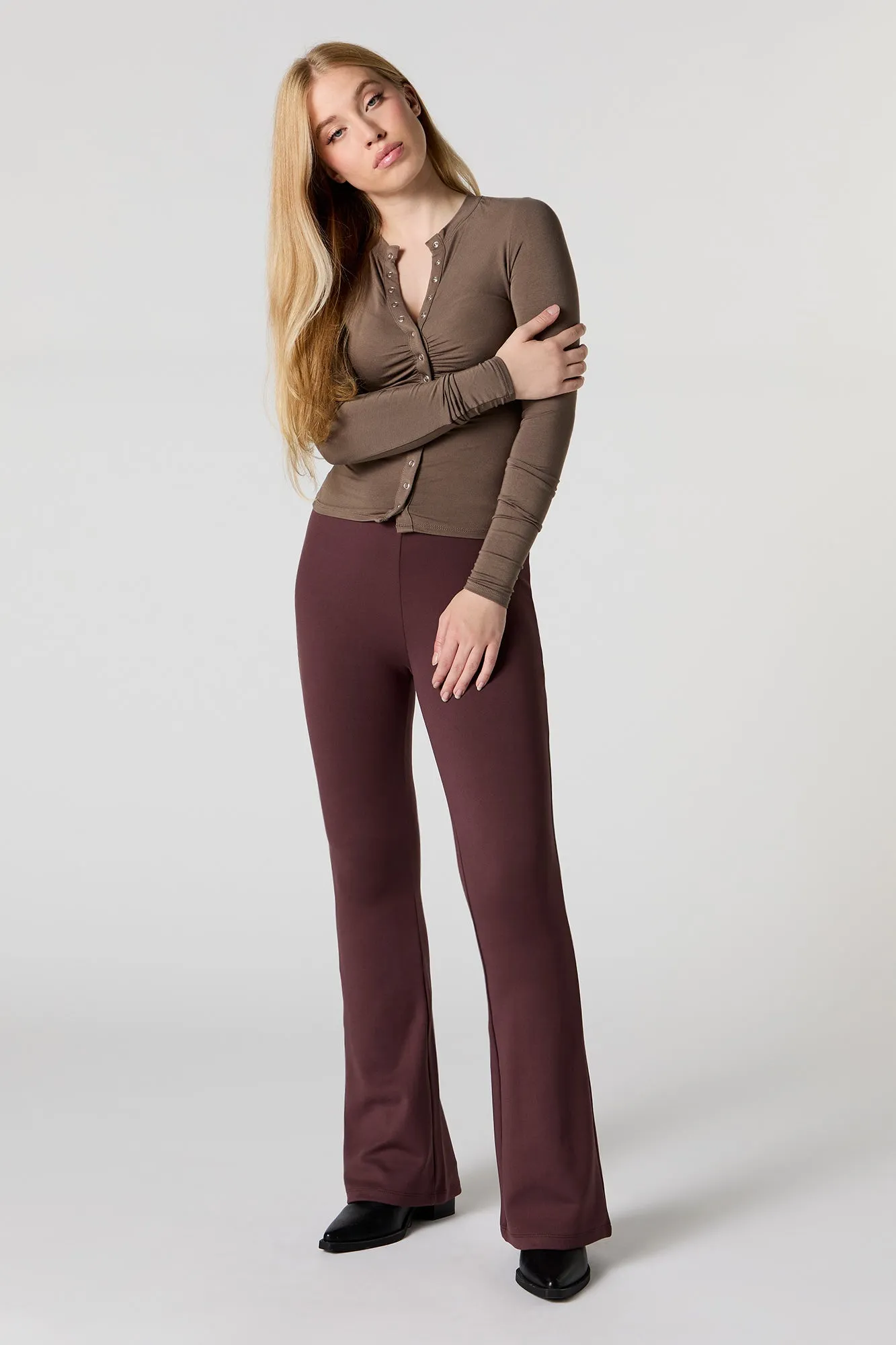 Button Front Cinched Long Sleeve Top