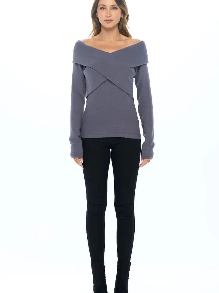 Cashmere Wrap Off the Shoulder Top | Taupe, Dark Cement