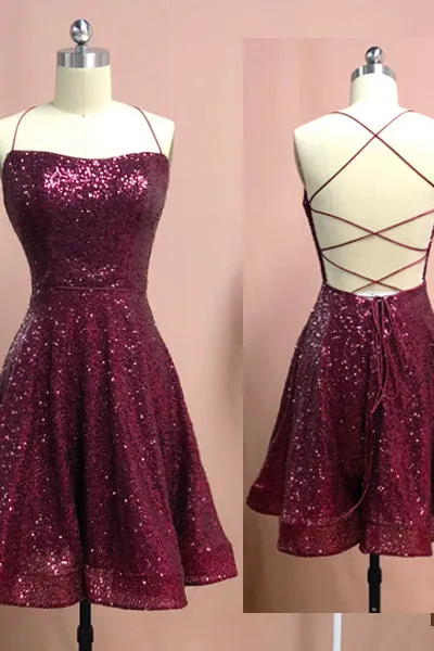 Charming A-Line Burgundy Spaghetti-Straps Homecoming Dress With Sequins