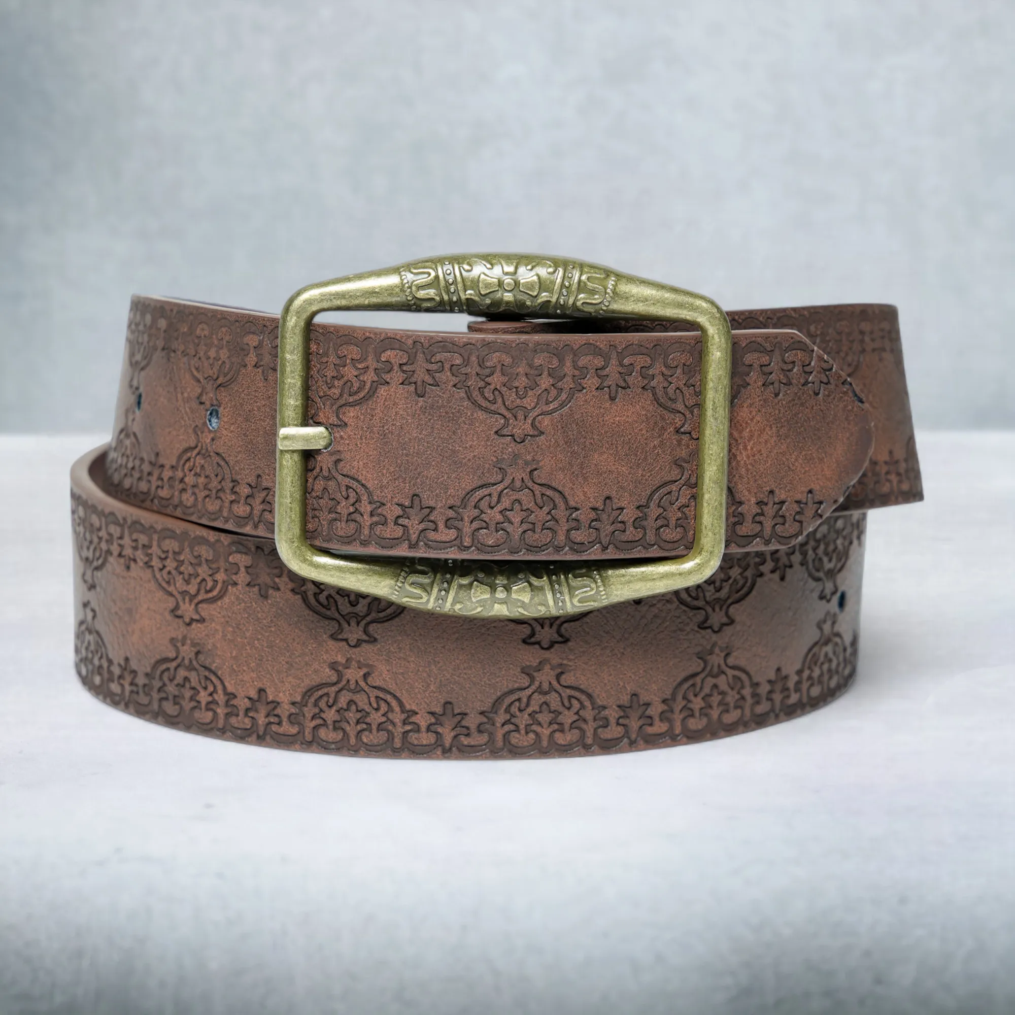 Chokore Brass Buckle Leather Belt with Vintage Embossed (Brown)