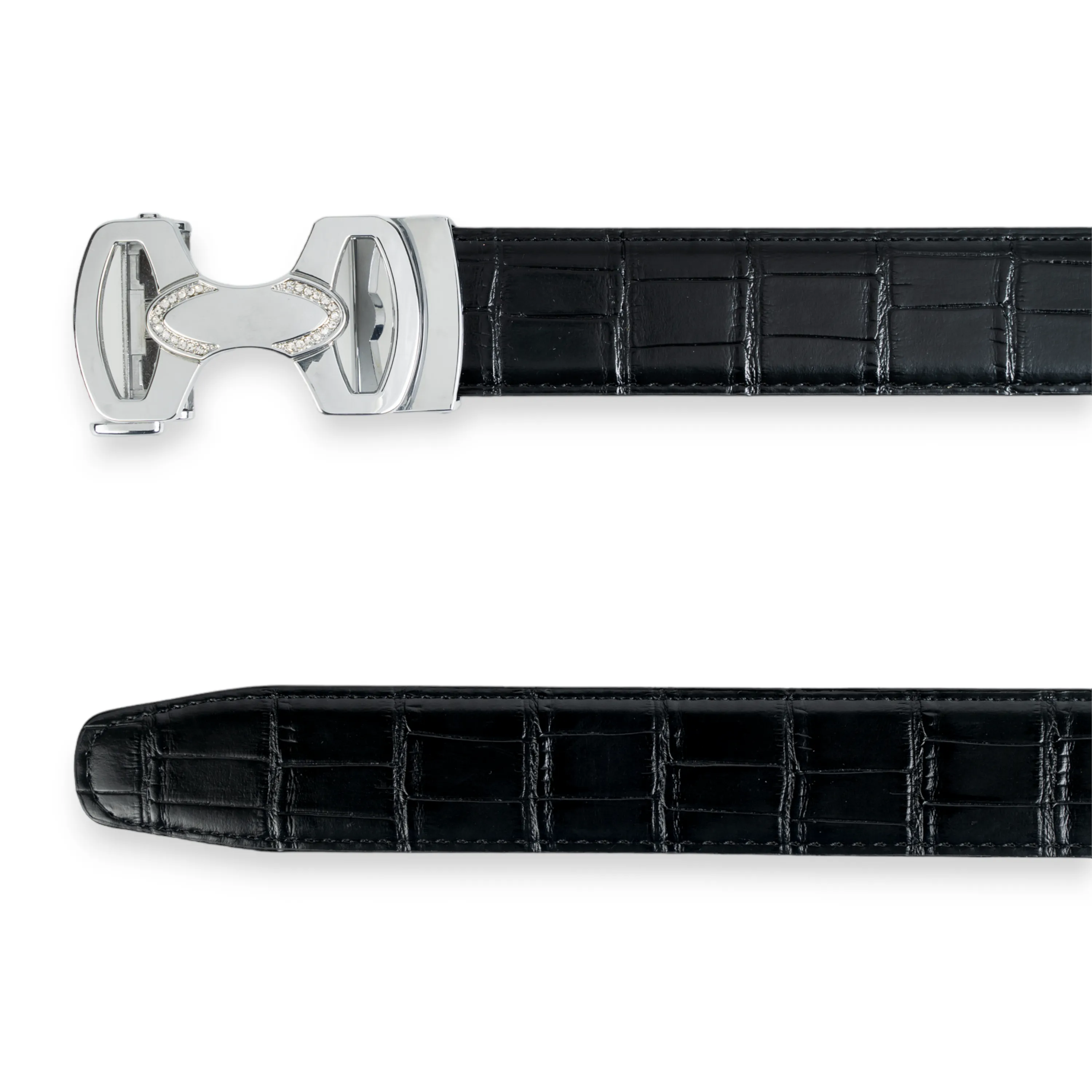 Chokore Crocodile Pattern Leather Belt (Black & Silver)