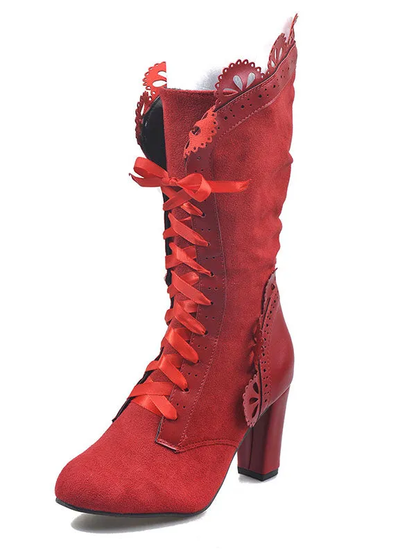 Chunky Heel Lace Up Mid Calf Boot