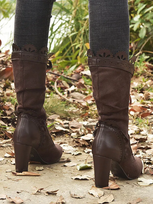 Chunky Heel Lace Up Mid Calf Boot