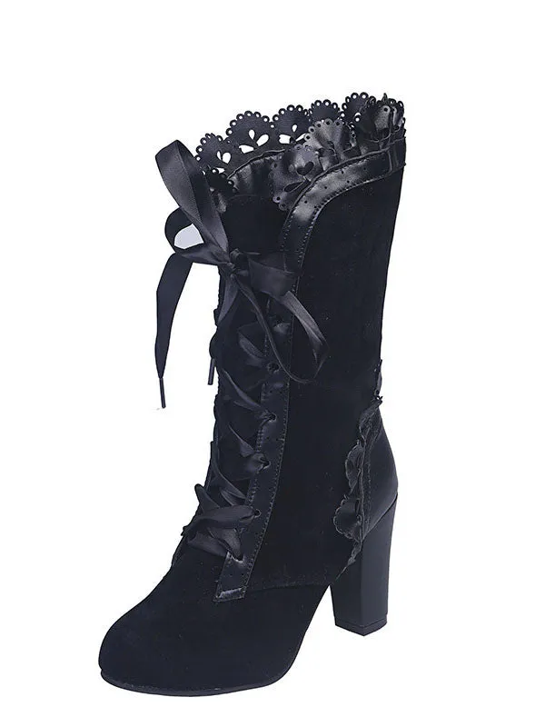 Chunky Heel Lace Up Mid Calf Boot