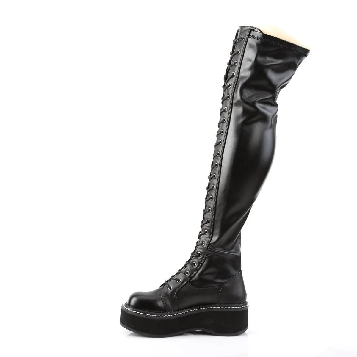 Demonia EMILY-375 | Black Stretch Vegan Leather Above Knee Boots