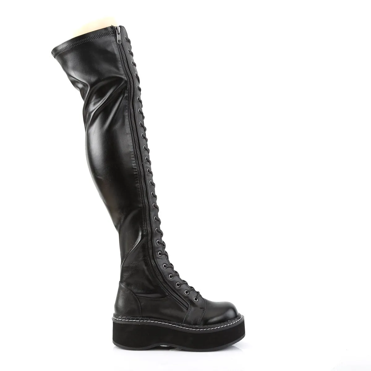 Demonia EMILY-375 | Black Stretch Vegan Leather Above Knee Boots