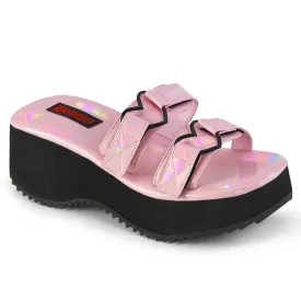 Demonia FLIP-12 | Baby Pink Hologram Patent Sandals