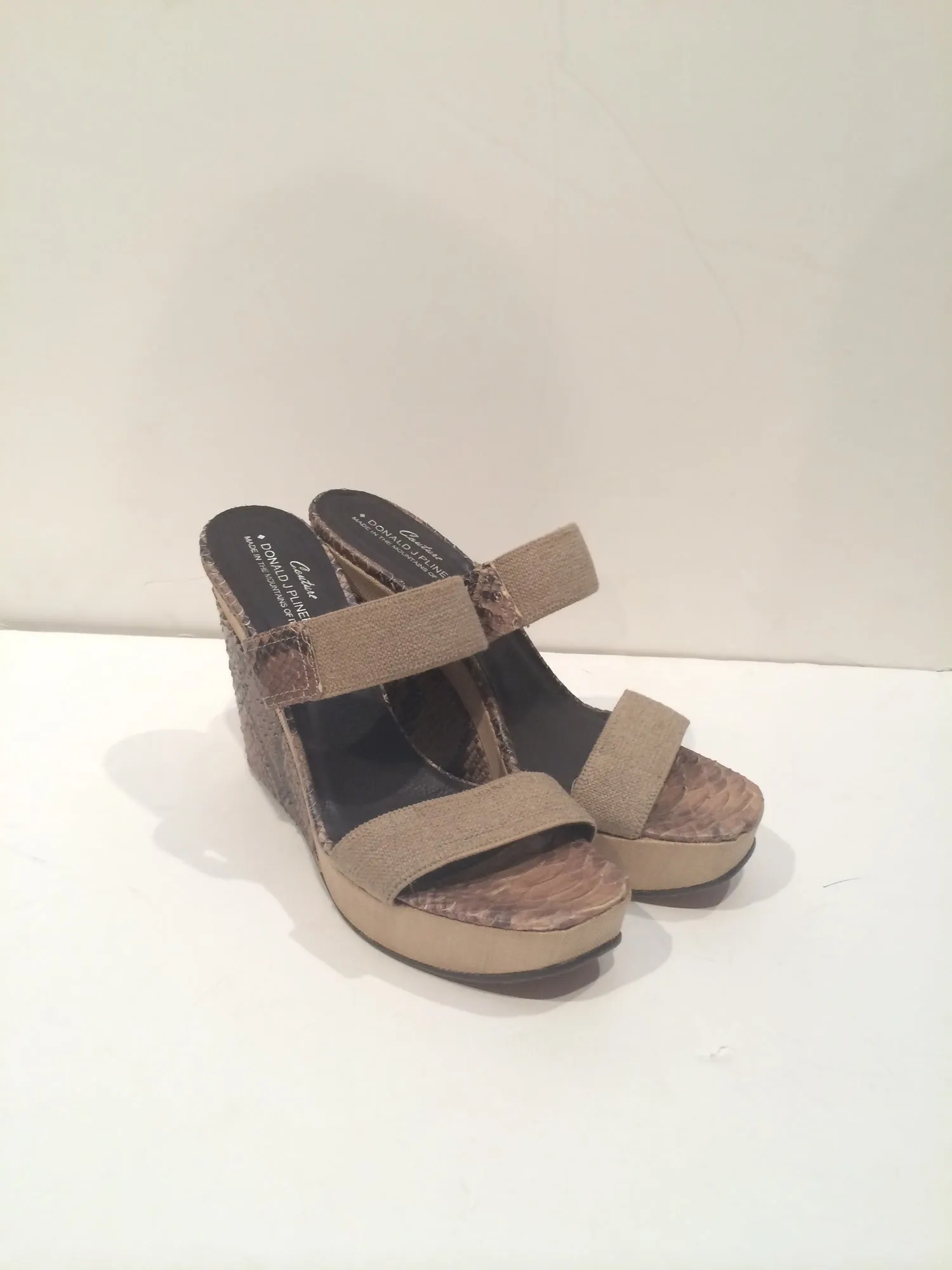 DONALD J PLINER Taupe Snake Skin and Canvas 'SINDY' Slide Wedges Style Size 40