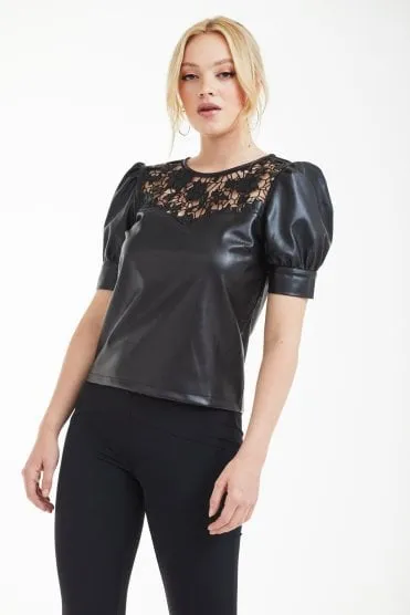 Double Second Black Vegan Leather Top With Embroidery Yoke