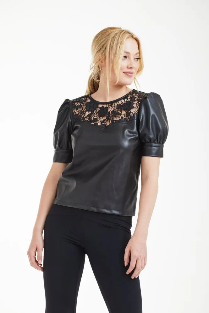 Double Second Black Vegan Leather Top With Embroidery Yoke