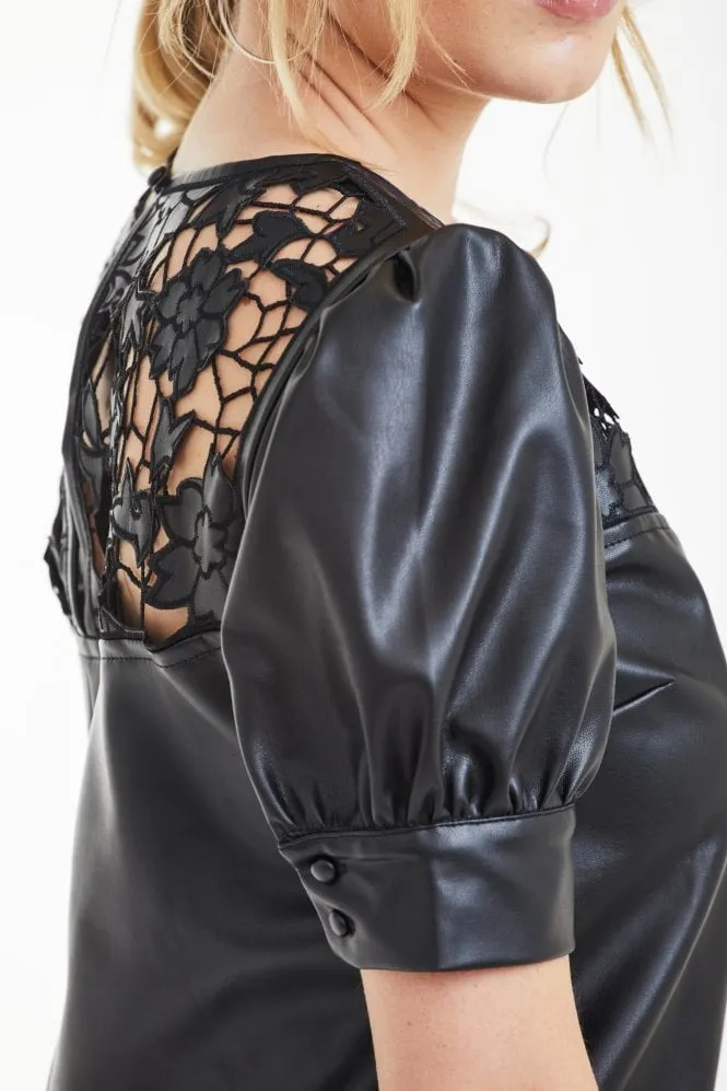 Double Second Black Vegan Leather Top With Embroidery Yoke