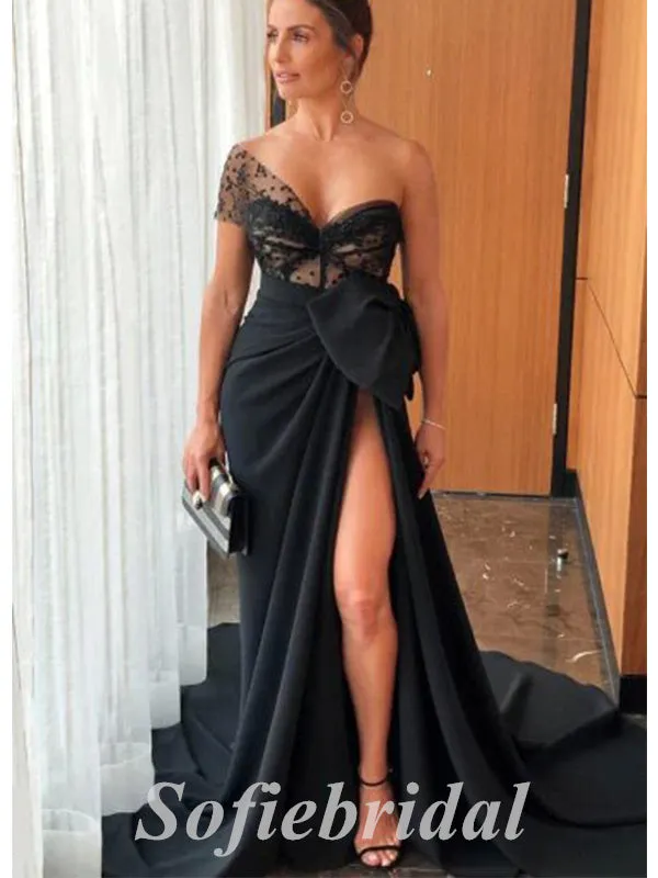 Elegant Black Tulle And Satin One Shoulder Sleeveless Side Slit Mermaid Long Prom Dresses,SFPD0606