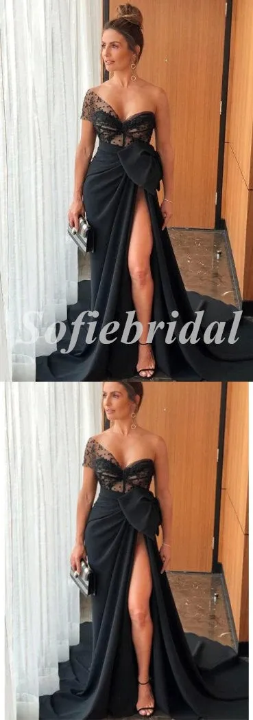 Elegant Black Tulle And Satin One Shoulder Sleeveless Side Slit Mermaid Long Prom Dresses,SFPD0606