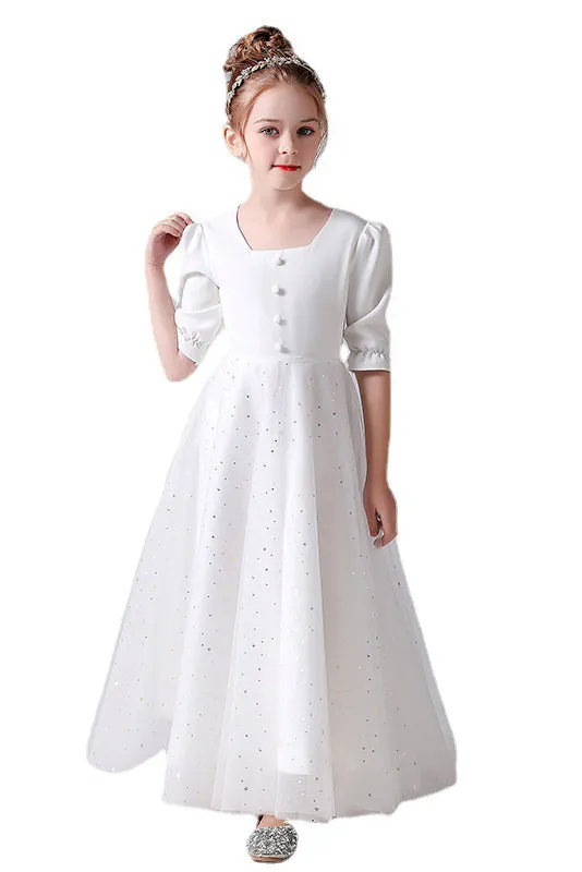 Elegant White A-line Square Half Sleeves Flower Girl Dress With Sequins