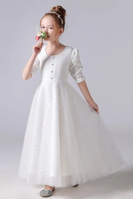 Elegant White A-line Square Half Sleeves Flower Girl Dress With Sequins