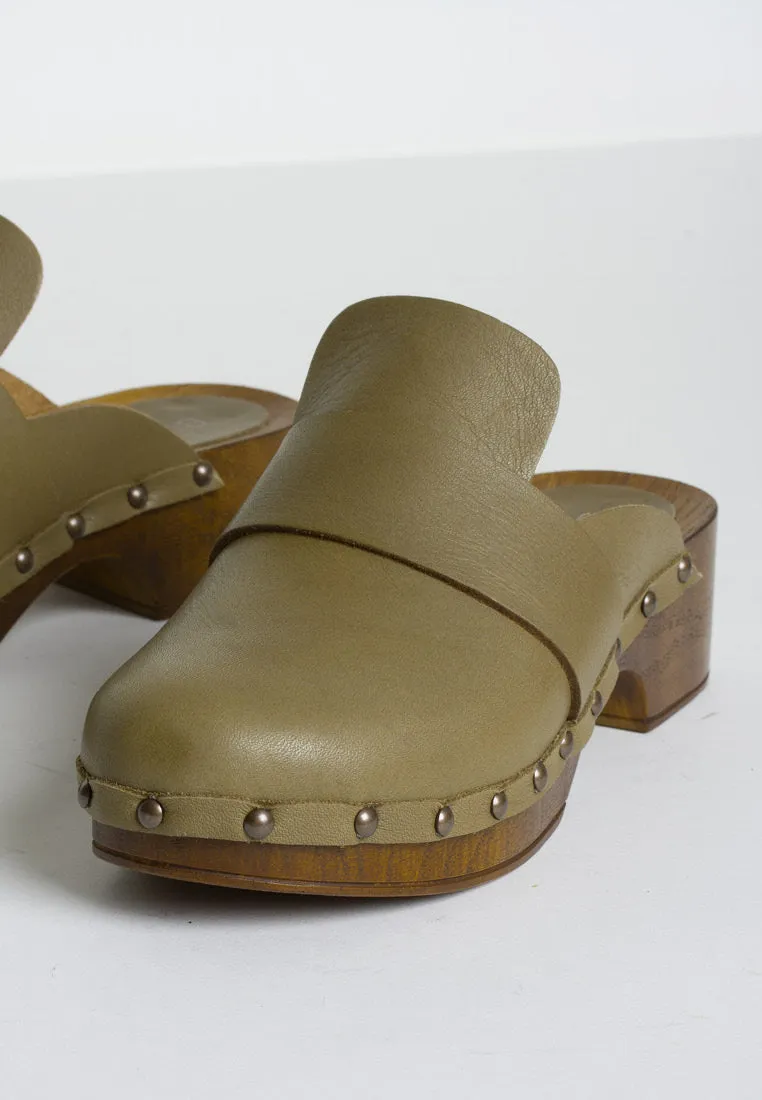 Ester Olive Studded Leather Clogs