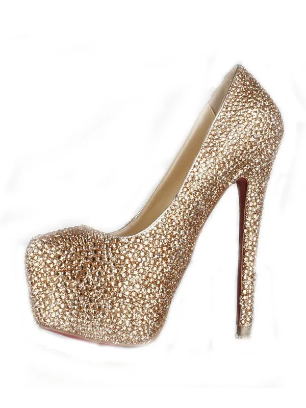 Gold Sheepskin Platform With Rhinestone High Heels OS116