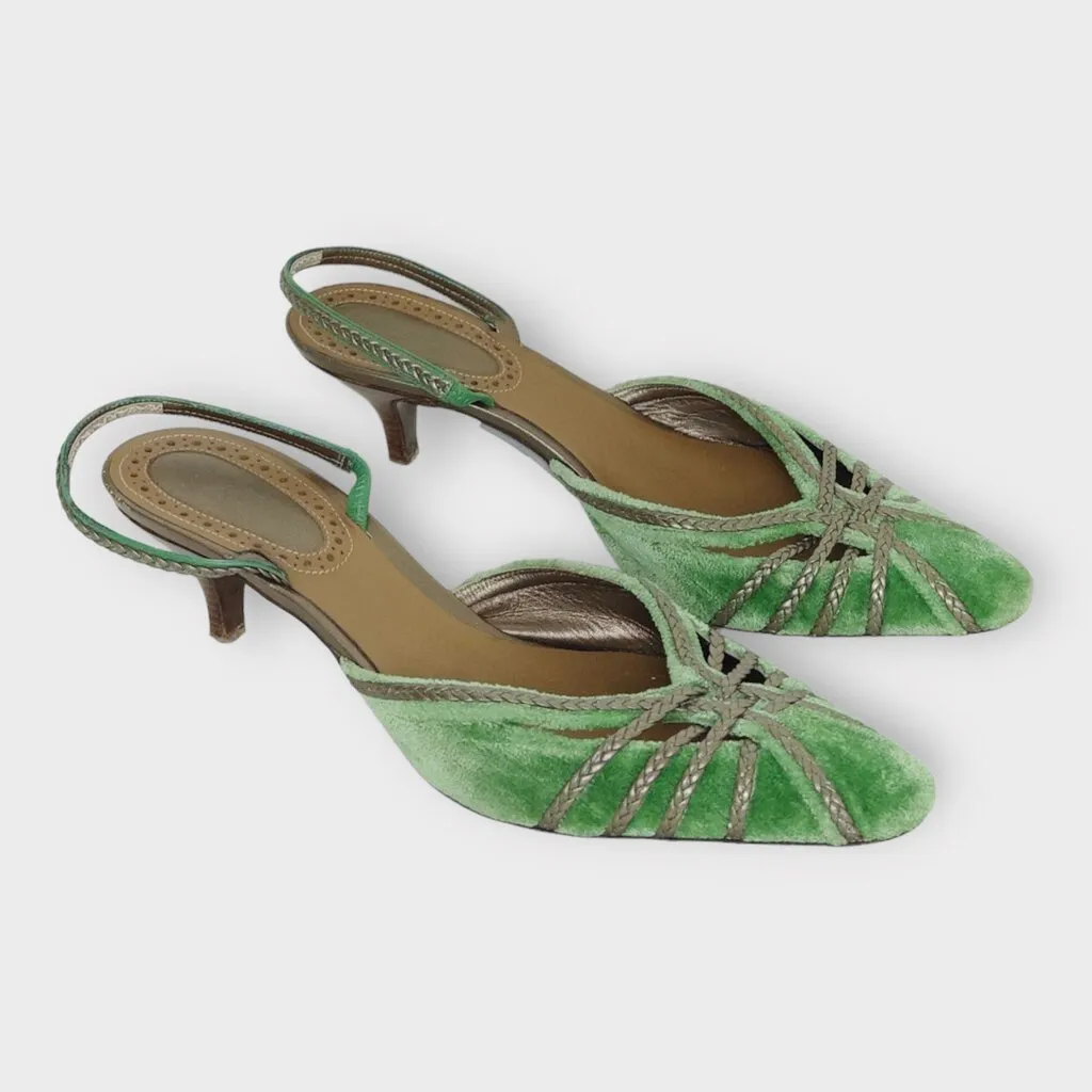 Green Velvet Braided Slingback Kitten Heel