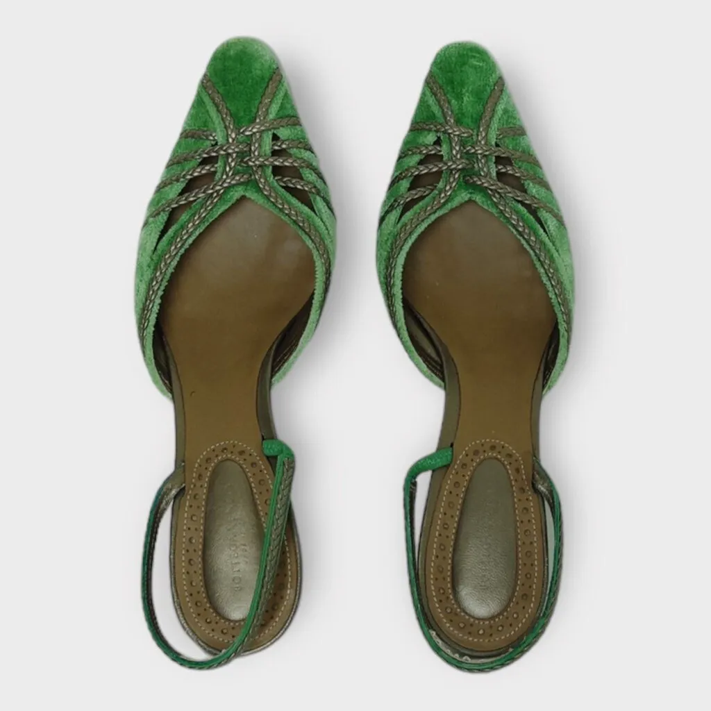 Green Velvet Braided Slingback Kitten Heel