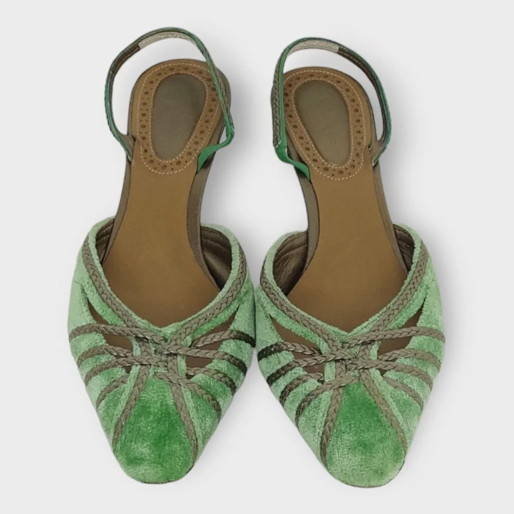 Green Velvet Braided Slingback Kitten Heel