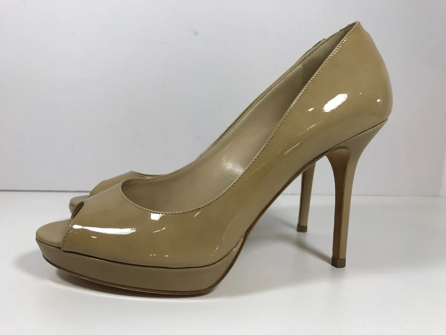 JIMMY CHOO Nude Peep Toe Patent Leather Heels New Size 38 1/2