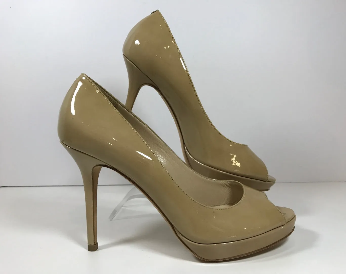 JIMMY CHOO Nude Peep Toe Patent Leather Heels New Size 38 1/2