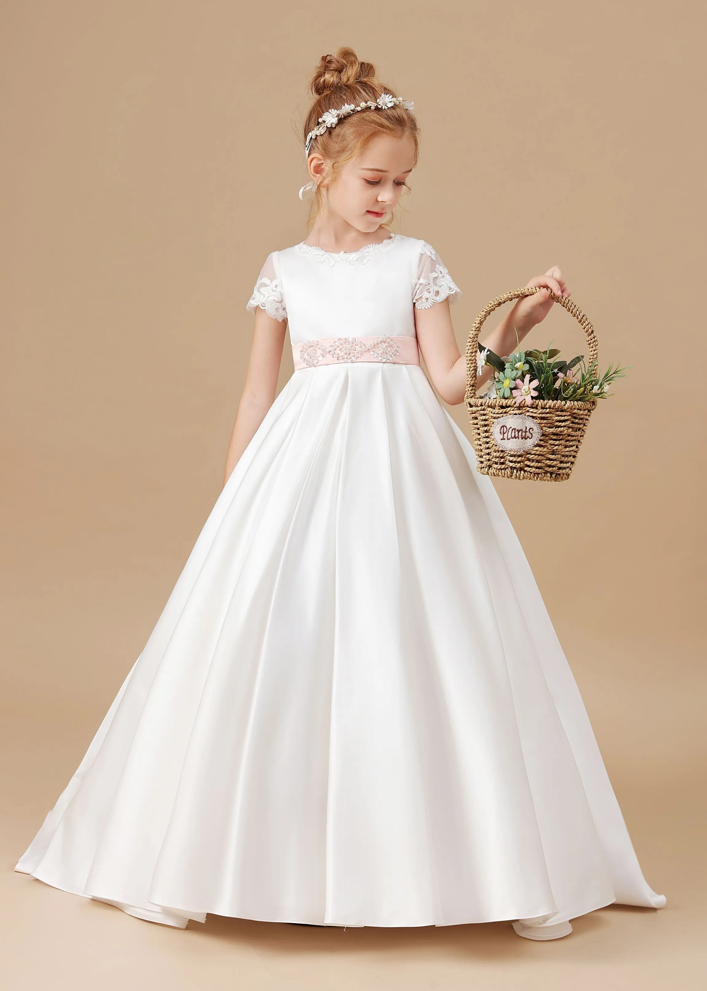 Lace Satin Ivory Long Flower Girl Dress With Pink Bowknot