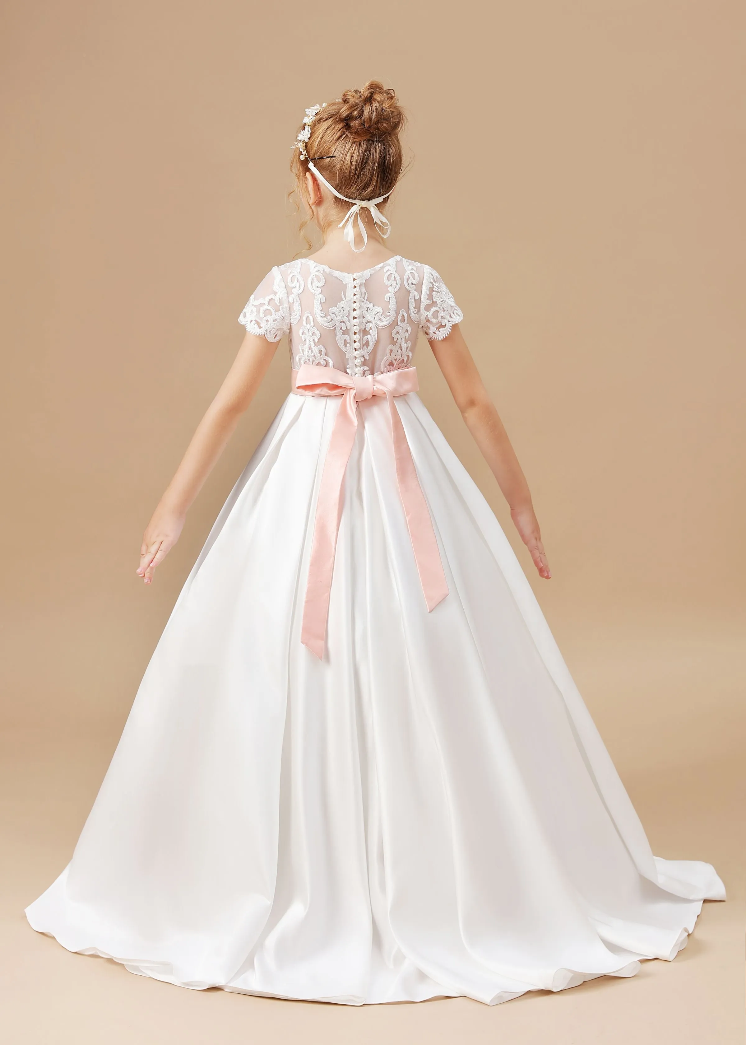 Lace Satin Ivory Long Flower Girl Dress With Pink Bowknot