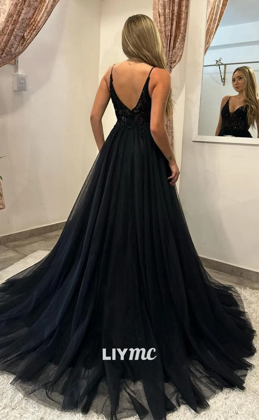 LP1177 - A Line V Neck Appliques Black Formal Prom Dress