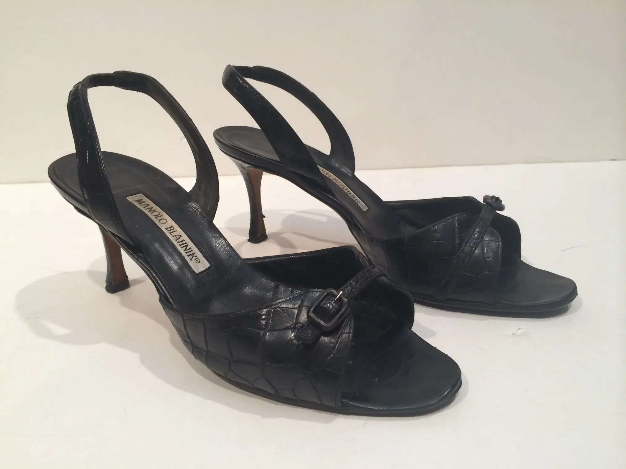 MANOLO BLAHNIK Black Crocodile Open Toe Sling Back Heels Size 8 1/2