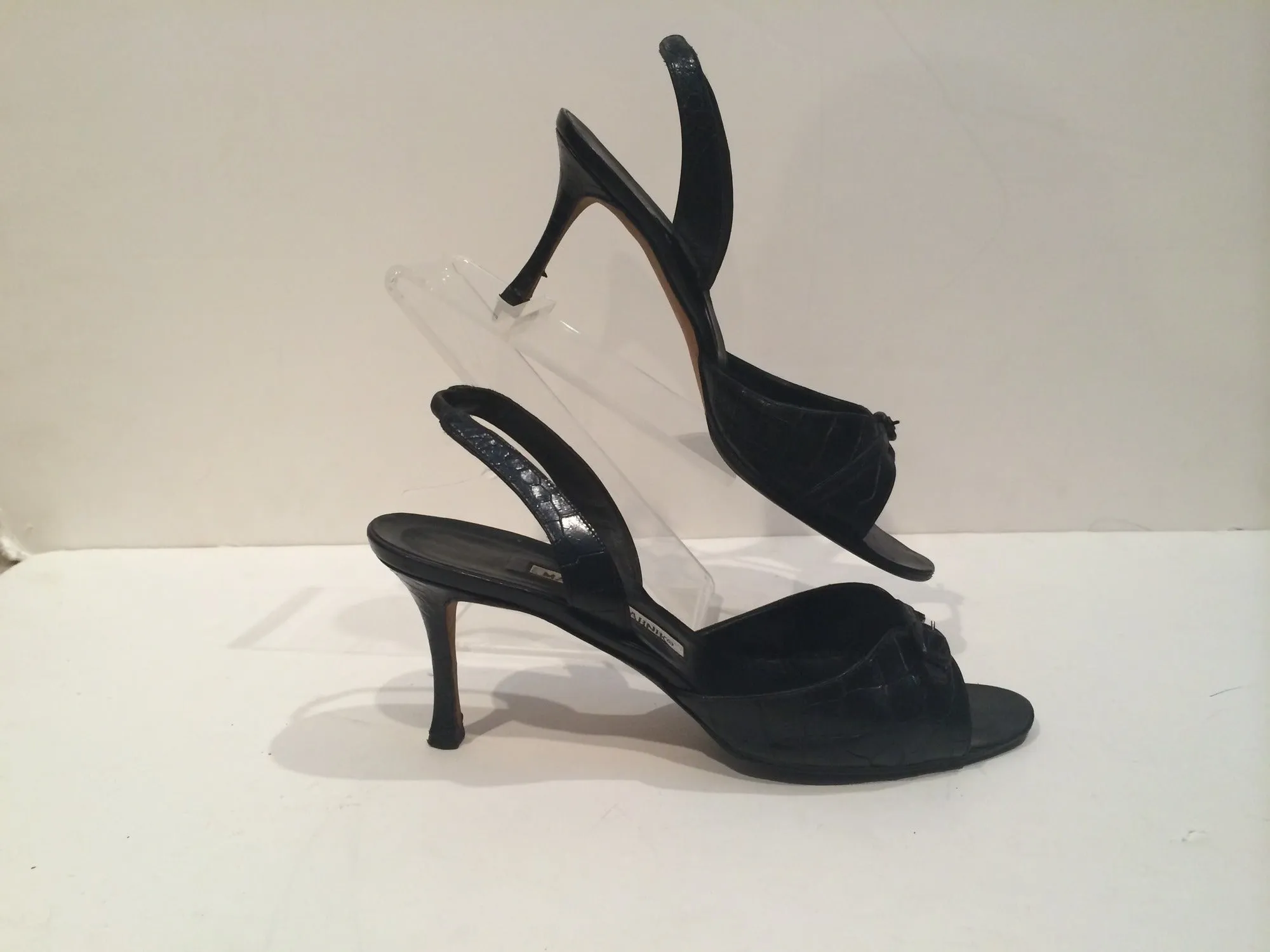 MANOLO BLAHNIK Black Crocodile Open Toe Sling Back Heels Size 8 1/2