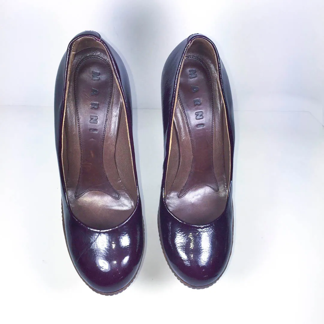 MARNI Plum Patent Leather Wooden Platform Wedge Closed Toe Shoe Size 6