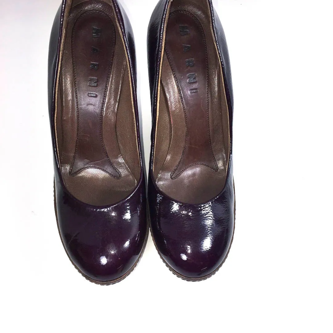 MARNI Plum Patent Leather Wooden Platform Wedge Closed Toe Shoe Size 6