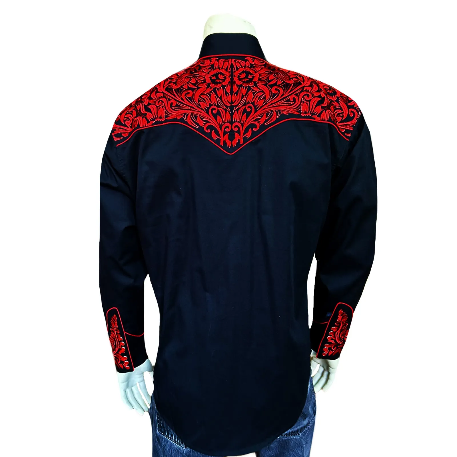 Men's Vintage Tooling Embroidered Black & Red Western Shirt