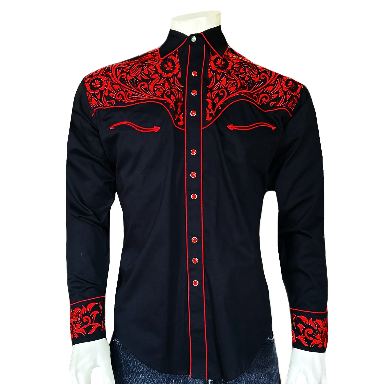 Men's Vintage Tooling Embroidered Black & Red Western Shirt