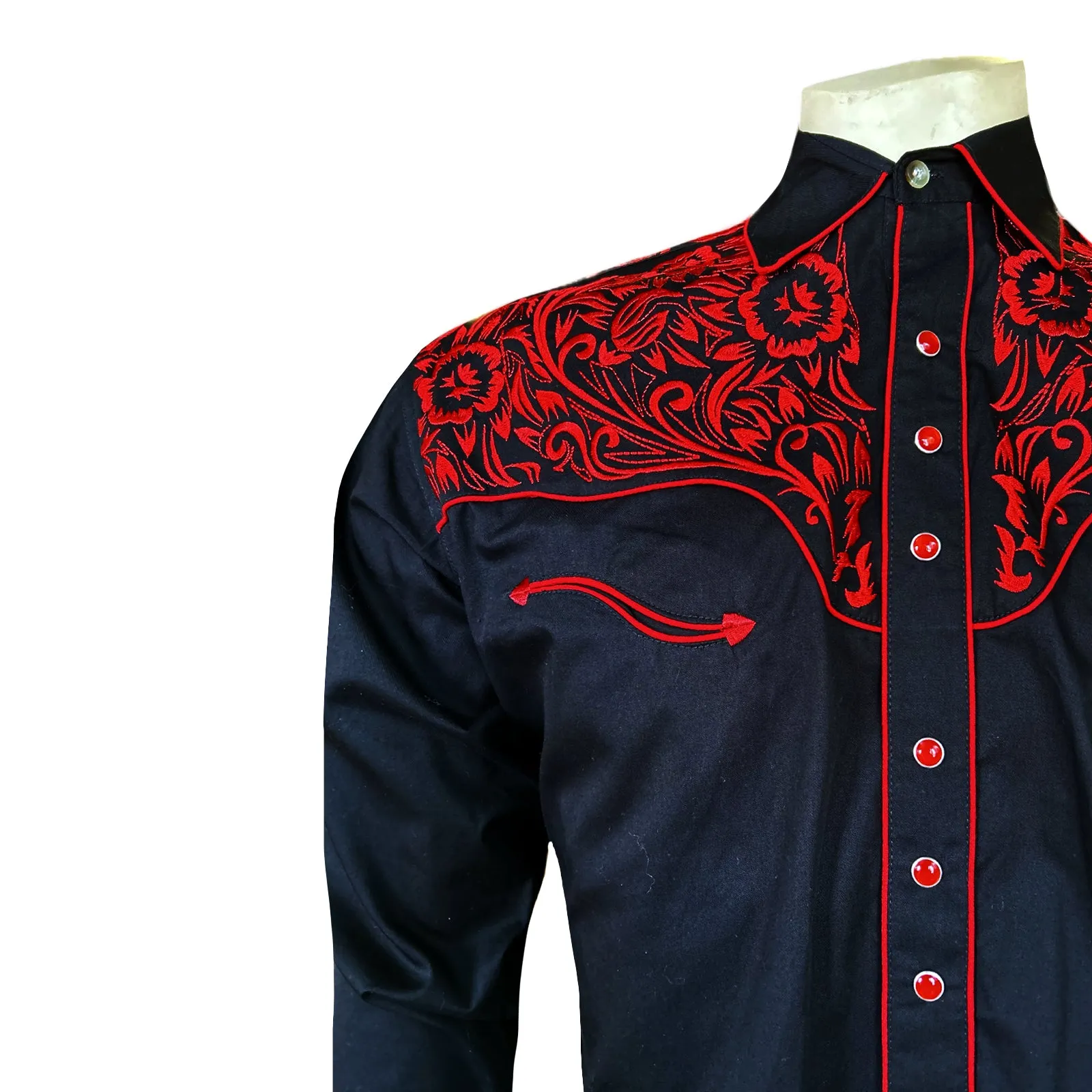 Men's Vintage Tooling Embroidered Black & Red Western Shirt