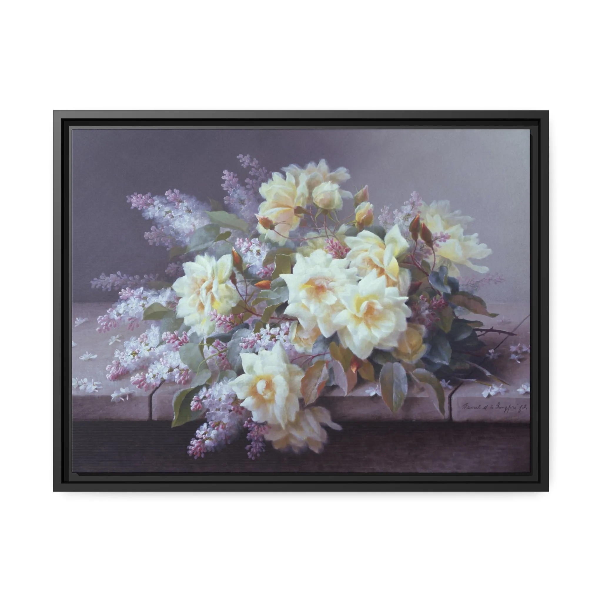 Raoul de Longpre: "Roses and Lilacs on a Stone Ledge" - Framed Canvas Reproduction