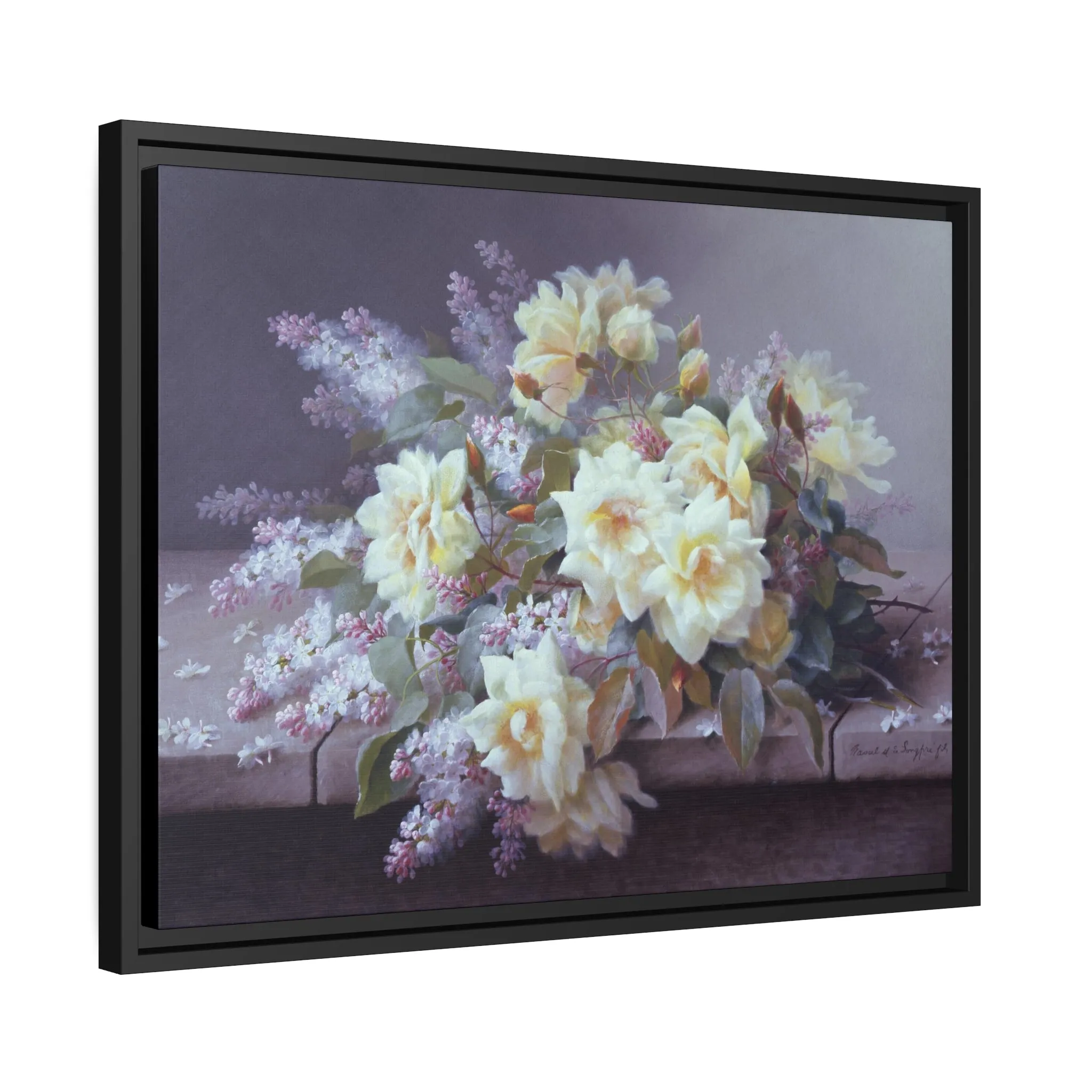 Raoul de Longpre: "Roses and Lilacs on a Stone Ledge" - Framed Canvas Reproduction