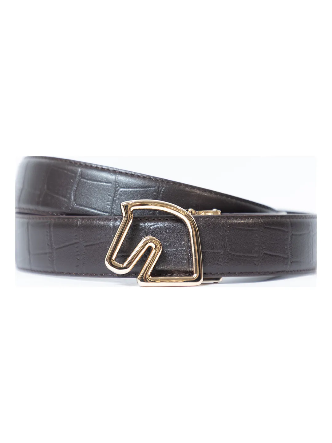 Vantier Luxury Brown Croc Belt, Gold Buckle A14