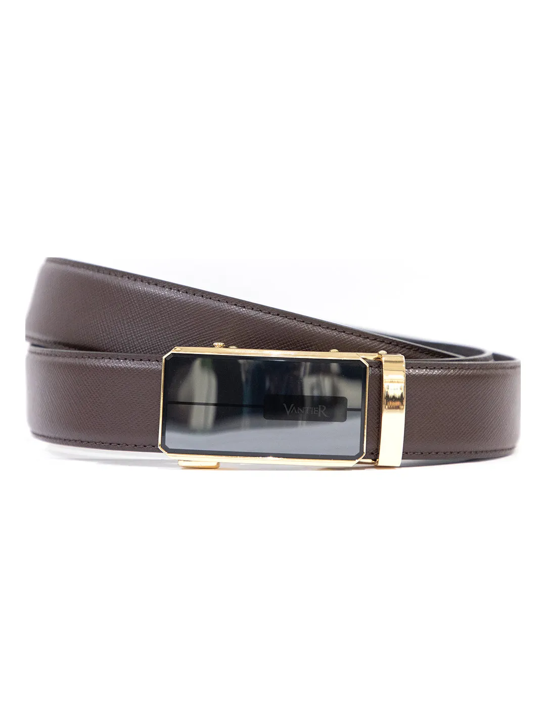 Vantier Luxury No Hole Belt Coffee Colour Black Gold Buckle A3