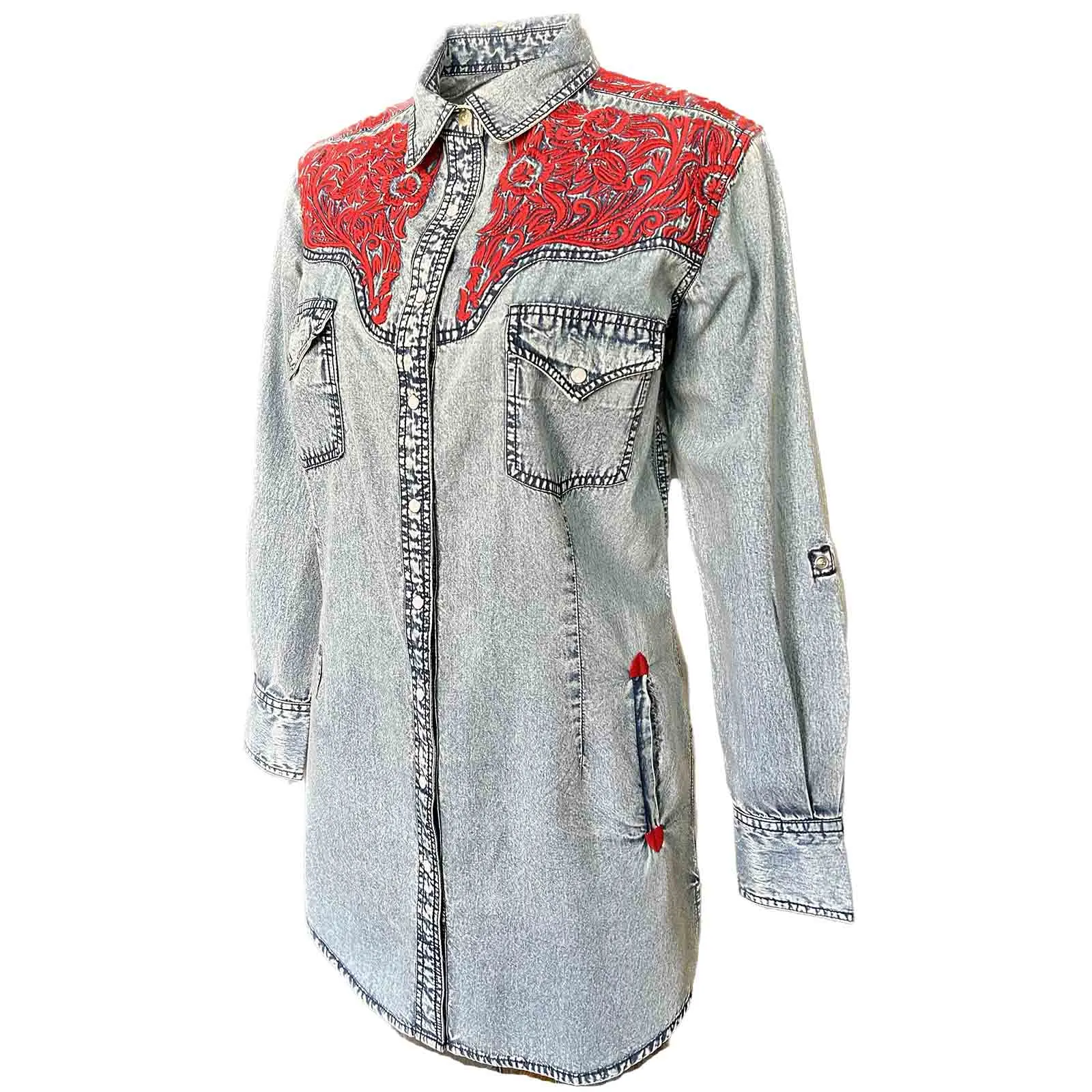 Women's Denim & Red Tooling Embroidery Western Dress